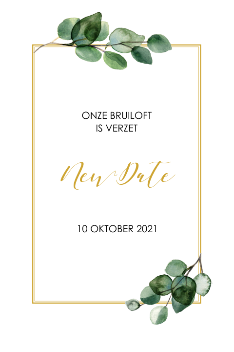 Trouwdatum verzet kaartje met eucalyptus en kader