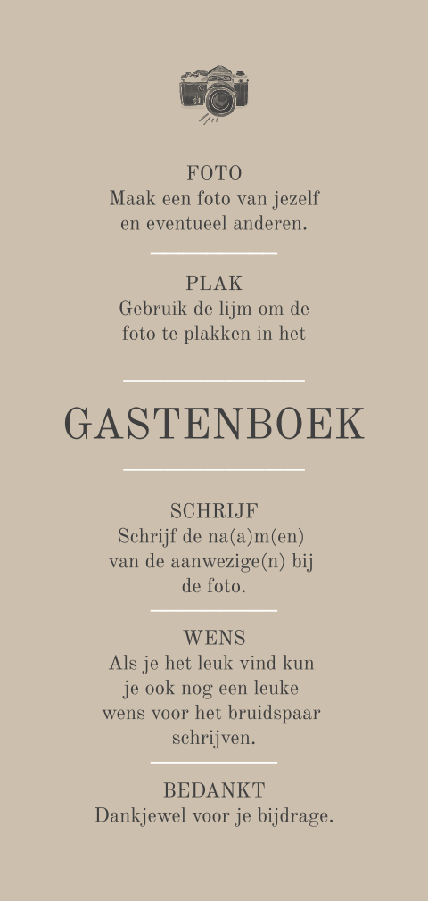Klassiek bordje bij gastenboek met instructies
