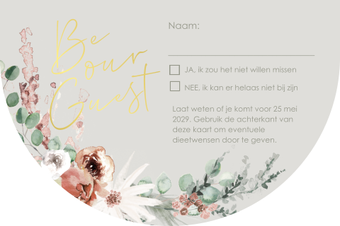 RSVP kaartje in boogvorm met bloemen en goudfolie