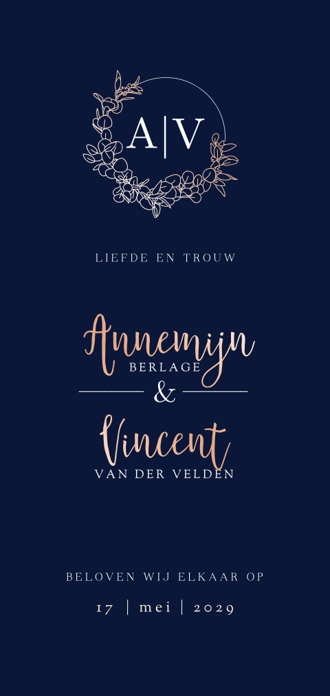 Donkerblauwe trouwkaart met roségoudfolie en kransje