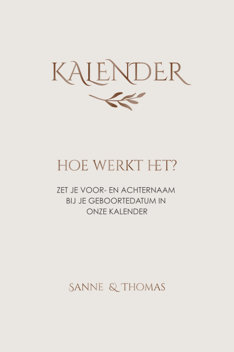 Bordje bij kalender in beige met blaadje