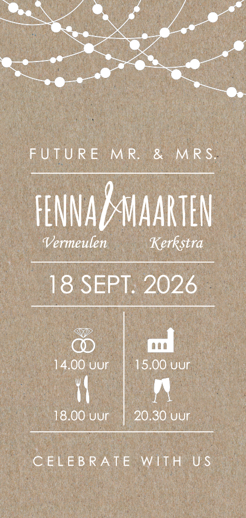 Vintage trouwkaart met lichtslinger op kraft