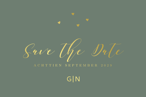 Save the Date kaart met goudfolie en hartjes