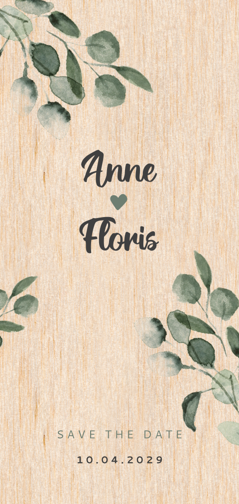 Save the Date op hout met blaadjes en hartje