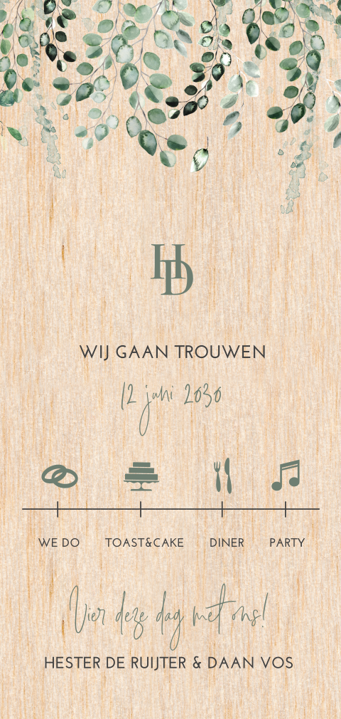Houten trouwkaart met icoontjes en blaadjes