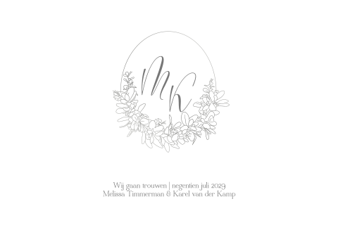 Trouwkaart met krans van eucalyptus in zilverfolie