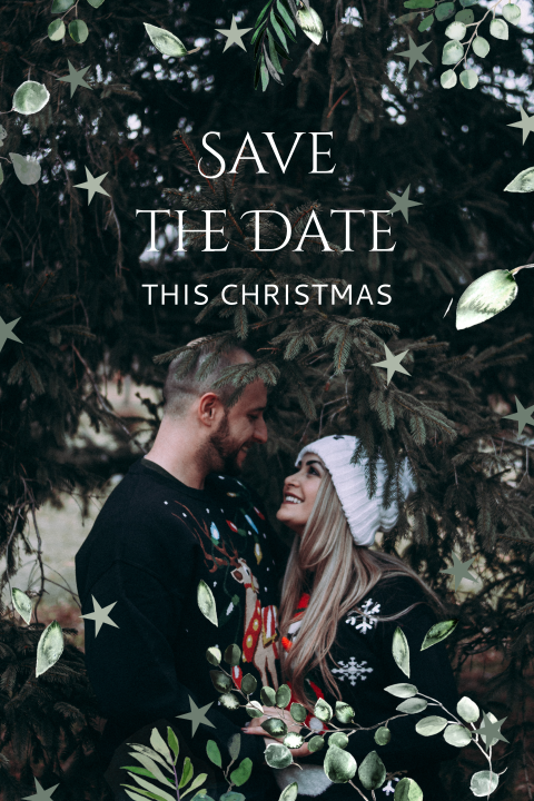 Kerst Save the Date kaart met foto en blaadjes
