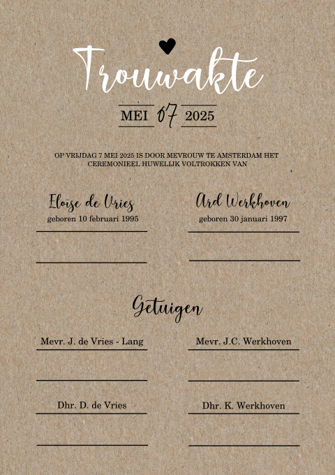 Vintage trouwakte met kraftlook en hartje
