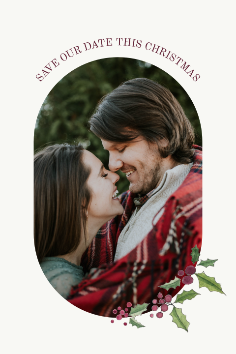 Kerst Save the Date kaart met een foto en blaadjes