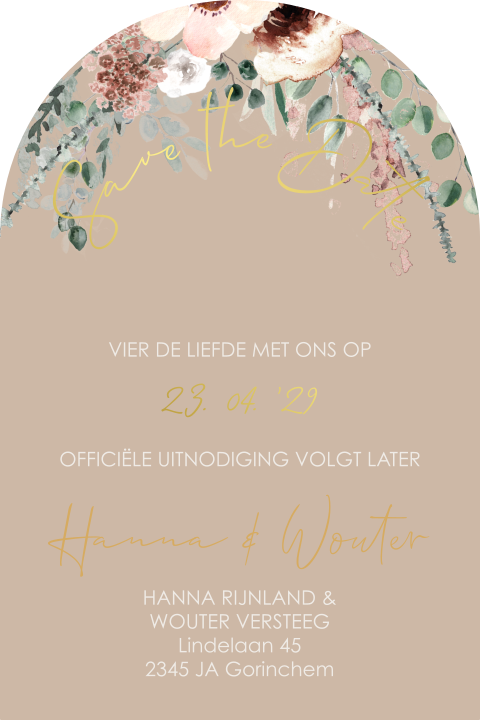 Romantische Save the Date met bloemen en goudfolie