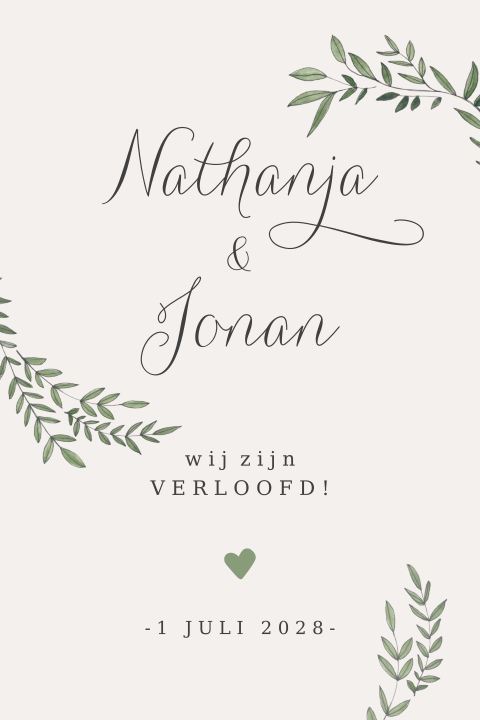 Beige verlovingskaart met groene blaadjes