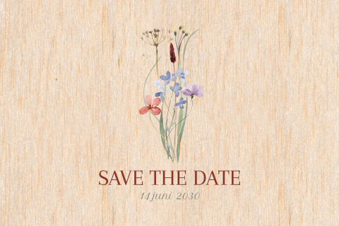 Save the Date kaart van hout met bloemen