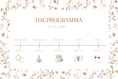 Romantisch dagprogrammakaart voor daggasten met bloemen