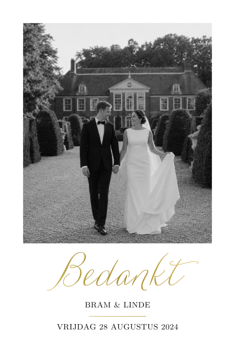Klassieke bedankkaart met folie en trouwfoto