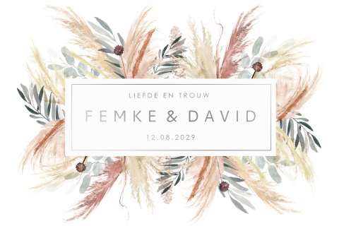 Vintage trouwkaart met zilverfolie en droogbloemen