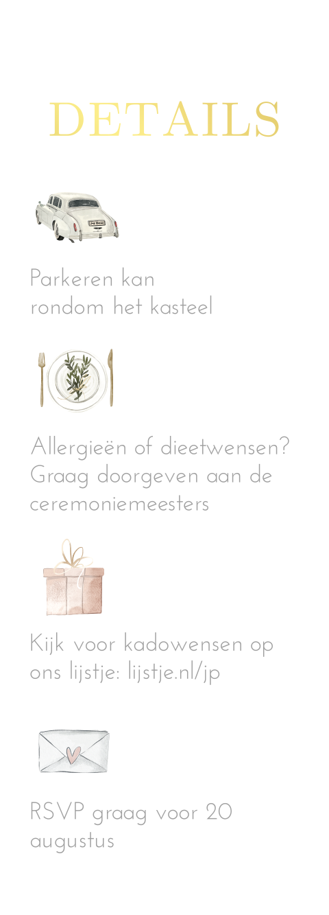 Klassiek extra informatiekaartje met goudfolie en foto's