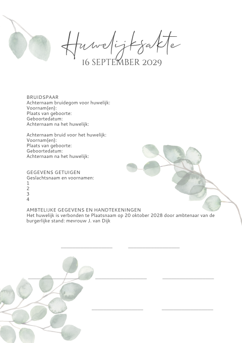 Trouwakte met eucalyptus blaadjes
