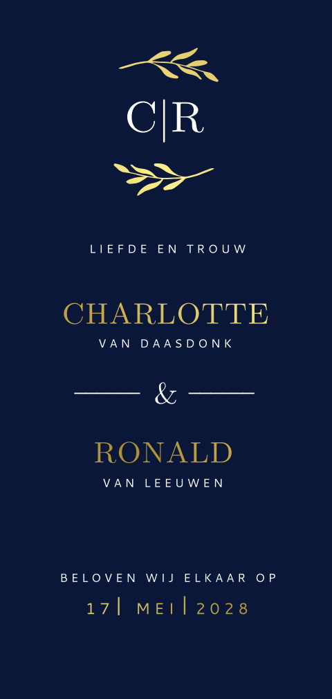 Trouwkaart met goudfolie en lief takje