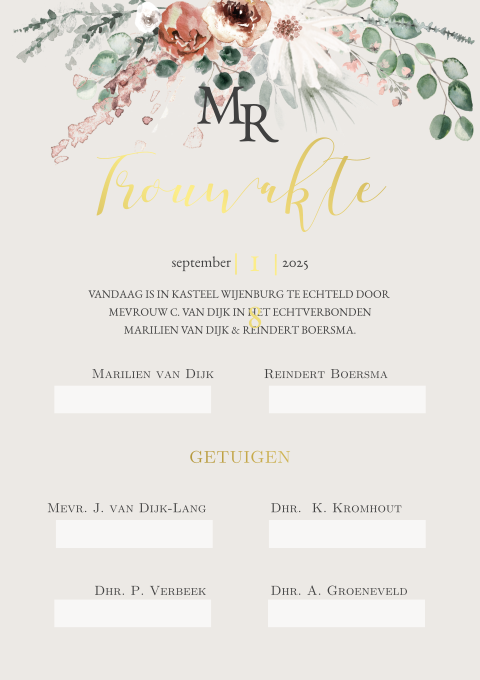 Bohemian trouwakte in taupe met bloemen en folie