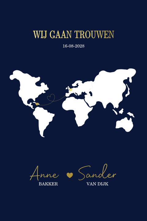 Trouwkaart voor trouwen in buitenland met goudfolie