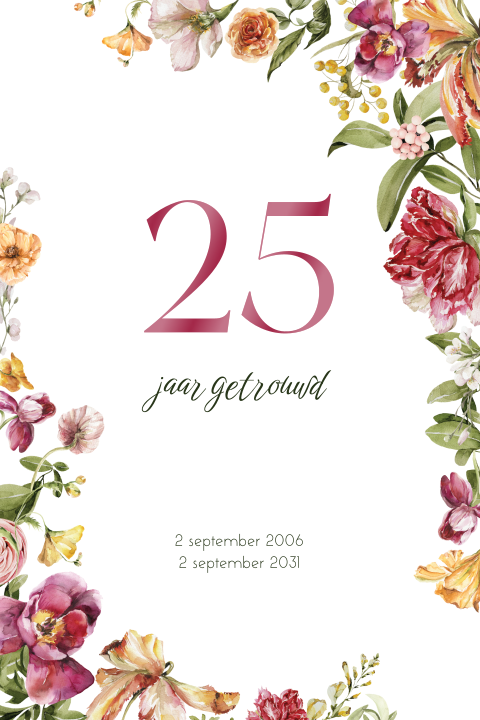 Jubileumkaart met kleurrijke bloemen en roze hoogglans