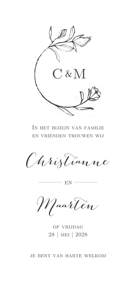 Fine Art trouwkaart met getekende takjes