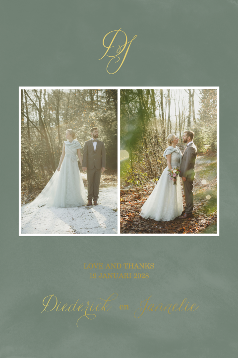 Groen bedankkaartje met foto en goudfolie