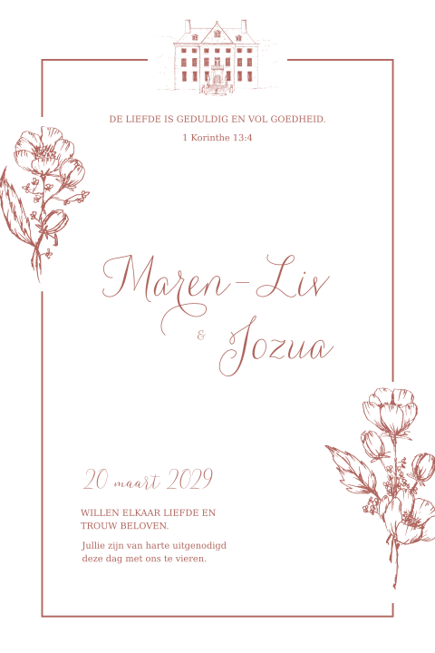 Romantische uitnodiging bruiloft wit met trouwlocatie