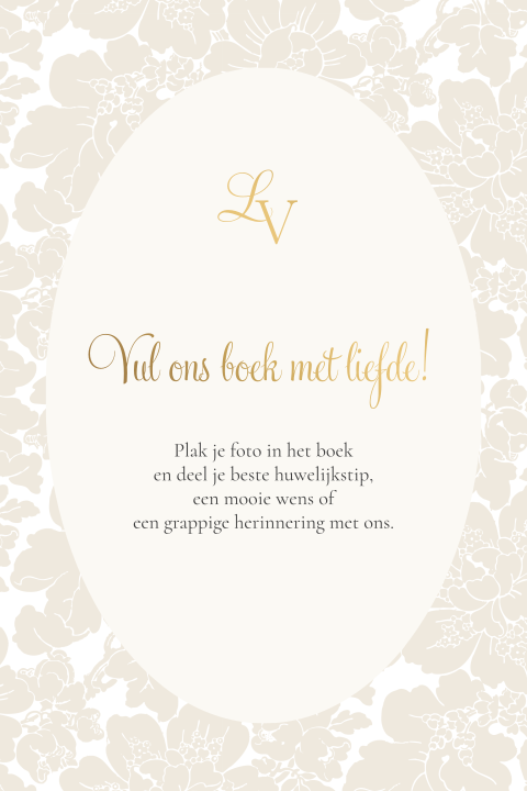 Bruiloft informatiebordje gastenboek met bloemen en goudfolie