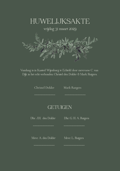 Huwelijksakte bruiloft met eucalyptustakjes