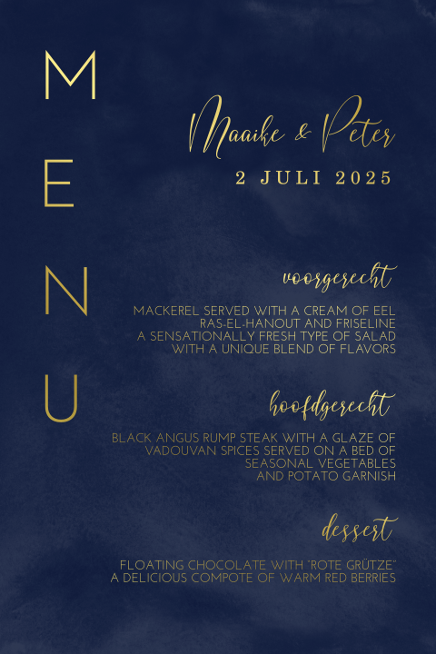 Moderne menukaart in donkerblauw met goudfolie