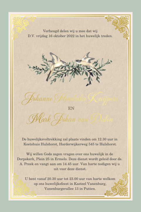 Vintage trouwkaart met vogeltjes en goudfolie