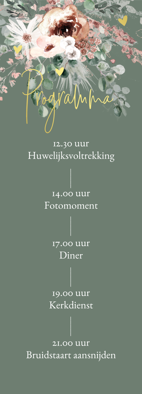 Dagprogrammakaartje bij trouwkaart met bloemen