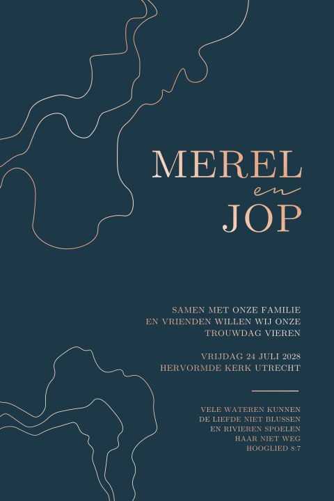 Moderne trouwkaart in diepblauw met roséfolie