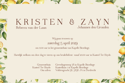 Liggende trouwkaart met citroetjes