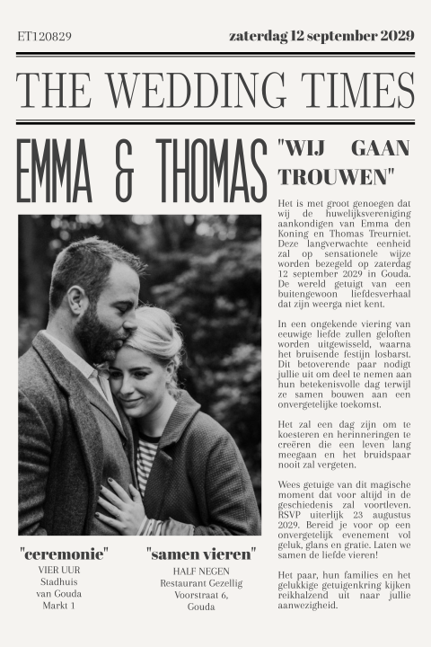 Vintage trouwkaart krantenartikel
