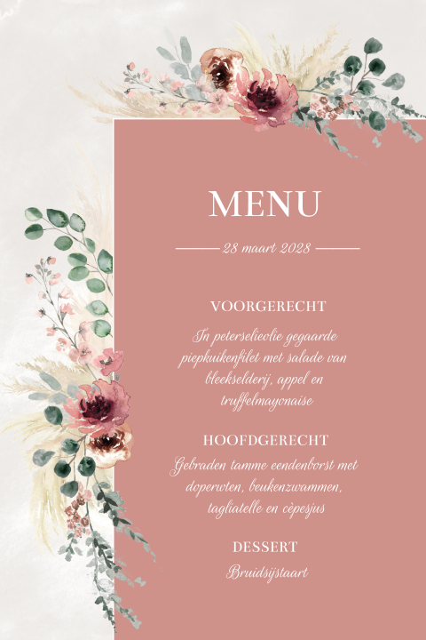 Menukaart voor bruiloft met bloemen in roesttinten