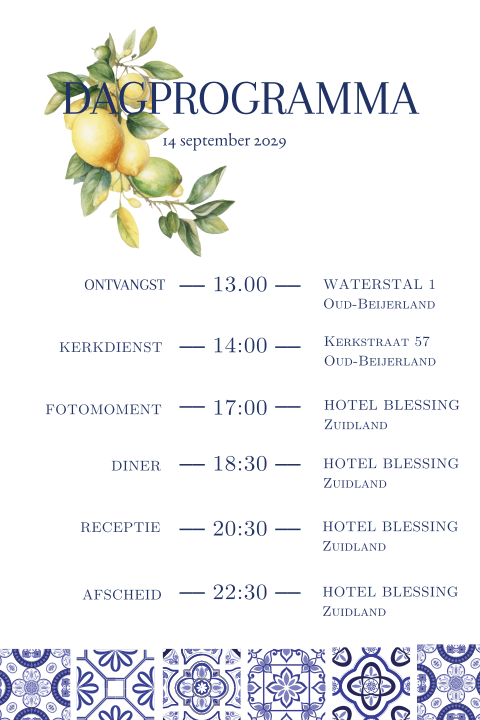 Dagprogrammakaartje voor daggasten met citroentjes