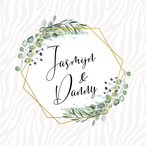 Trendy trouwkaart met goudfolie, zebraprint en eucaluptus