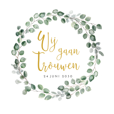 Trendy trouwkaart met krans van eucalyptus