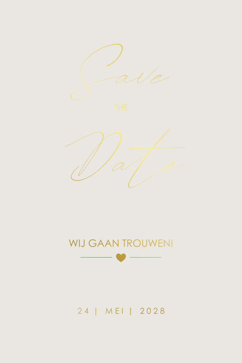 Stijlvolle Save the Date met goudfolie en beige achtergrond