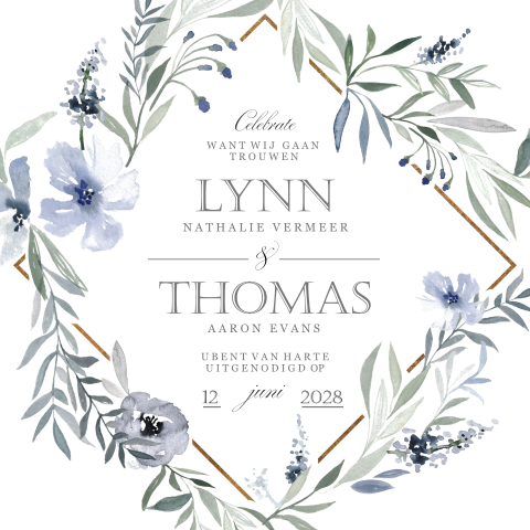 Romantische trouwkaart met een lijst watercolor bloemen