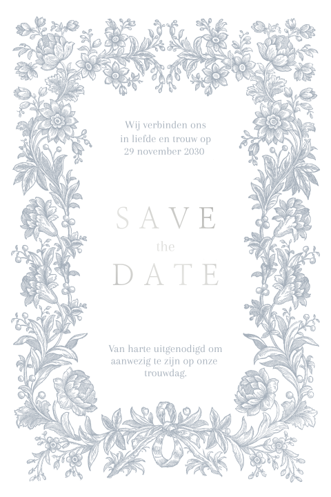 Vintage Save the Date met bloemenkrans en zilverfolie
