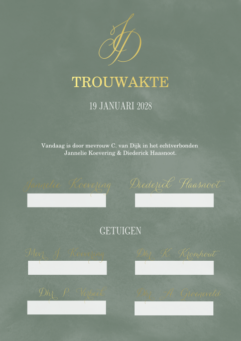 Klassieke trouwakte met goudfolie in groen