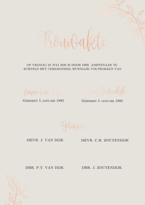 Klassieke trouwakte in taupe met roséfolie en takje