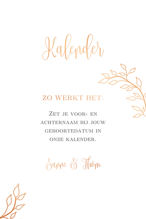 Bordje bij kalender met takjes in koperfolie