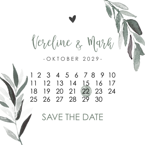 Save the Date kaartje met kalender en takjes