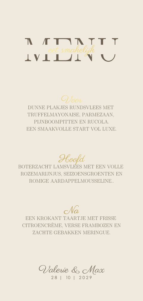Klassieke menukaart in beige met goudfolie