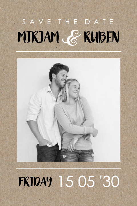 Save the Date met foto en leuke letters op kraft