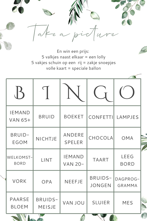 Bingokaart voor kinderen op bruiloft met blaadjes